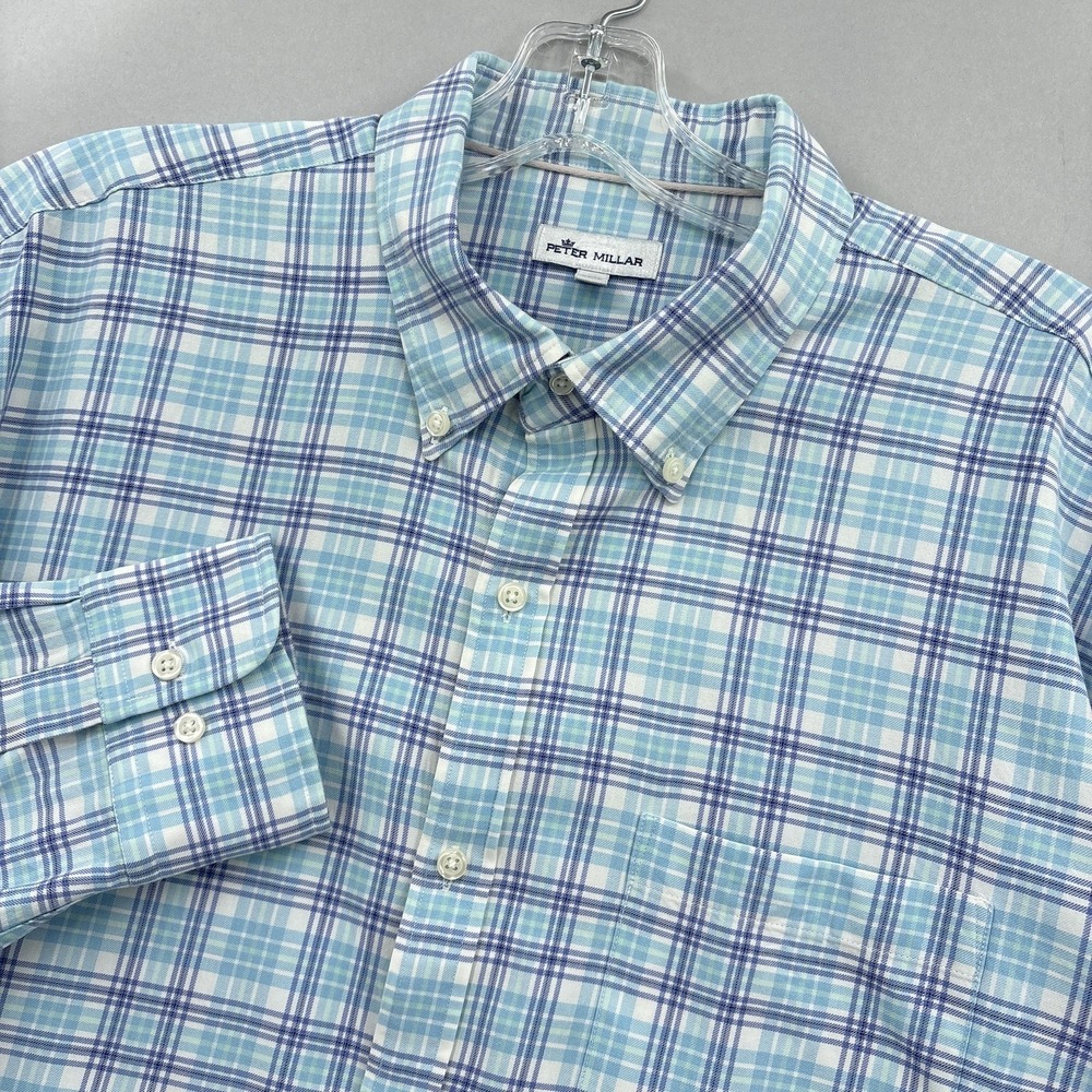 Peter Millar Shirt Mens XL Blue Green Purple Plaid Button Down Cotton Silk Blend